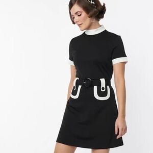 Smak Parlor Black & White Mock Neck Belted A-Line Dress—Size XL/14